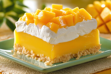 Jelly-topped mango pudding cake slice