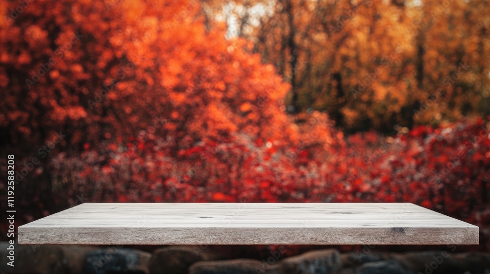 Poster empty wooden table against a vibrant autumn forest with colorful foliage and soft bokeh effect in th