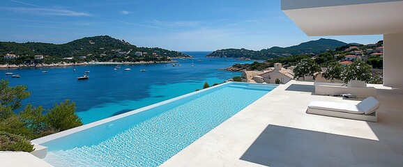 Infinity pool overlooking a stunning sea view with boats and hills.