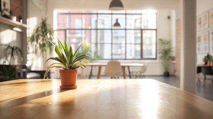 Brightly Lit Wooden Table with Potted Plant in Open Space and Softly Blurred Background of Modern Room Decor