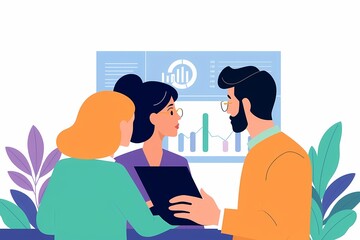 Business Team Meeting: A diverse team collaborates on a project, reviewing data on a large screen in a vibrant and modern workspace.