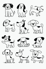 vector image showcases a collection of hand-drawn dog illustrations. Created with simple black lines on a white background, the dogs are drawn in a hand-drawn style, giving them a playful