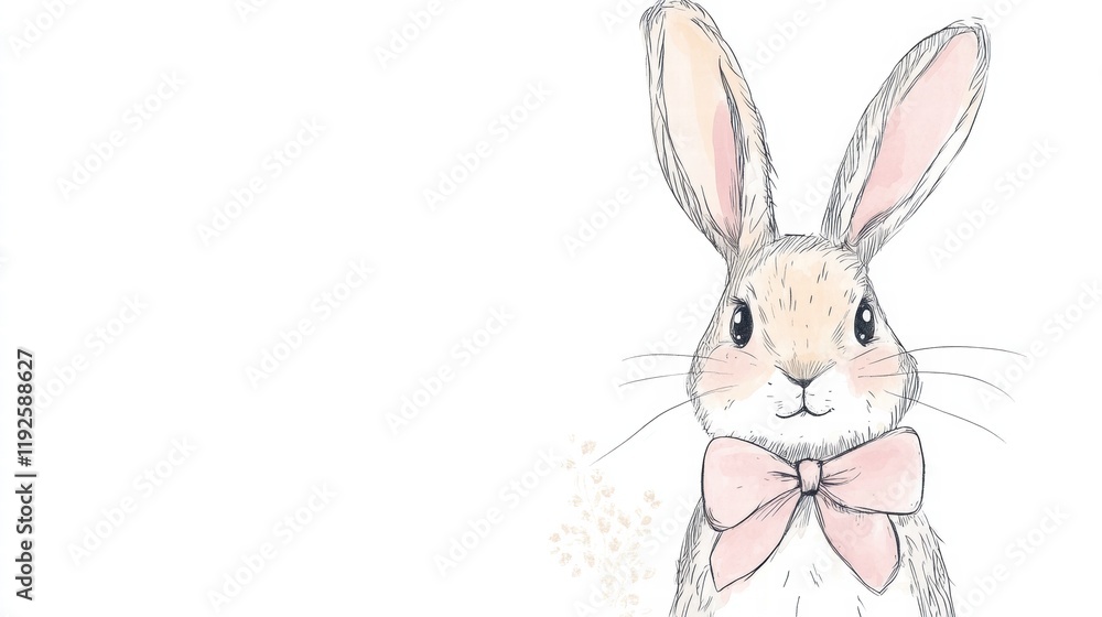 Poster cute illustrated rabbit wearing a bow tie with soft colors in a light background setting perfect for