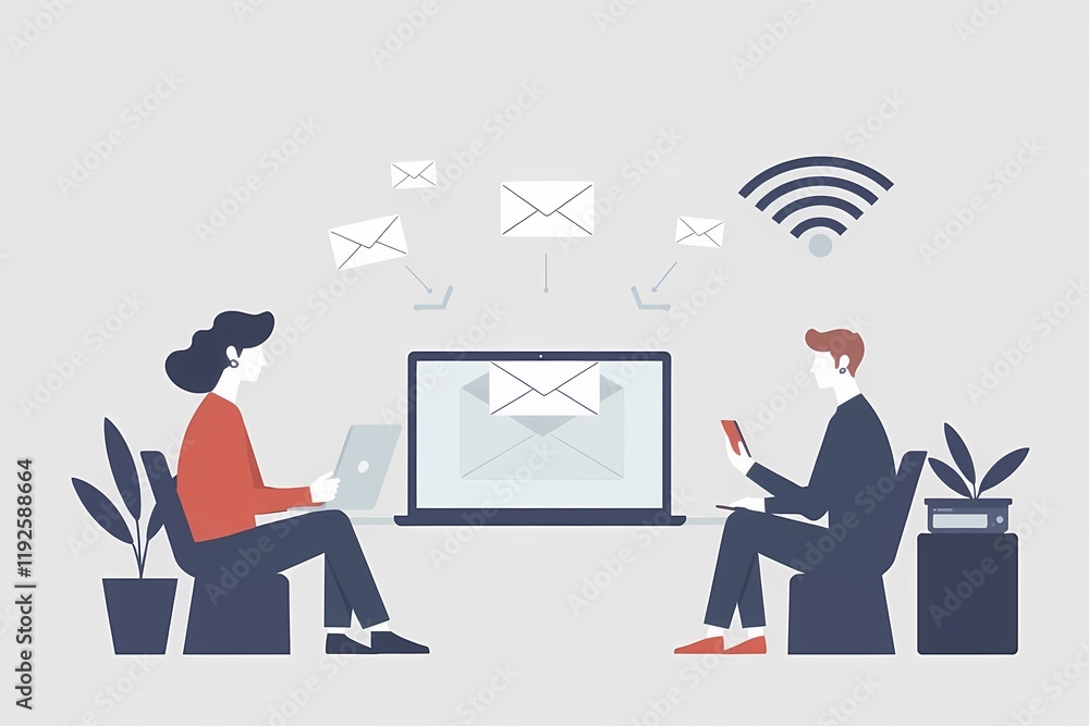 Aufkleber digital communication: two colleagues collaborating remotely, exchanging emails and messages via lap