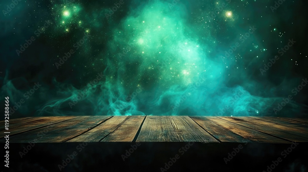 Aufkleber wooden table displaying a mystical bokeh background with cosmic effects and ethereal colors for crea