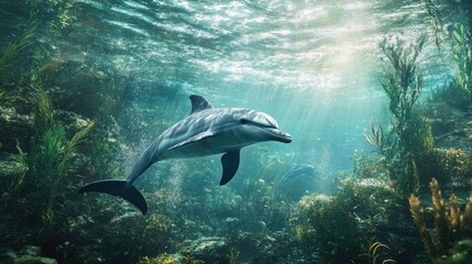 Fototapeta premium Dolphin gracefully swimming in a vibrant tropical ocean surrounded by lush underwater vegetation and beams of sunlight.