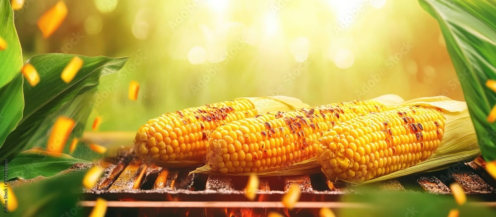 Poster grilled corn on barbecue with natural background and empty space for text in a vibrant summer settin