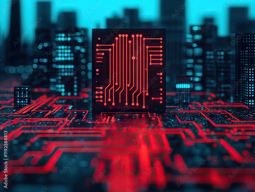 Aufkleber glowing microchip on futuristic circuit board with cityscape in background