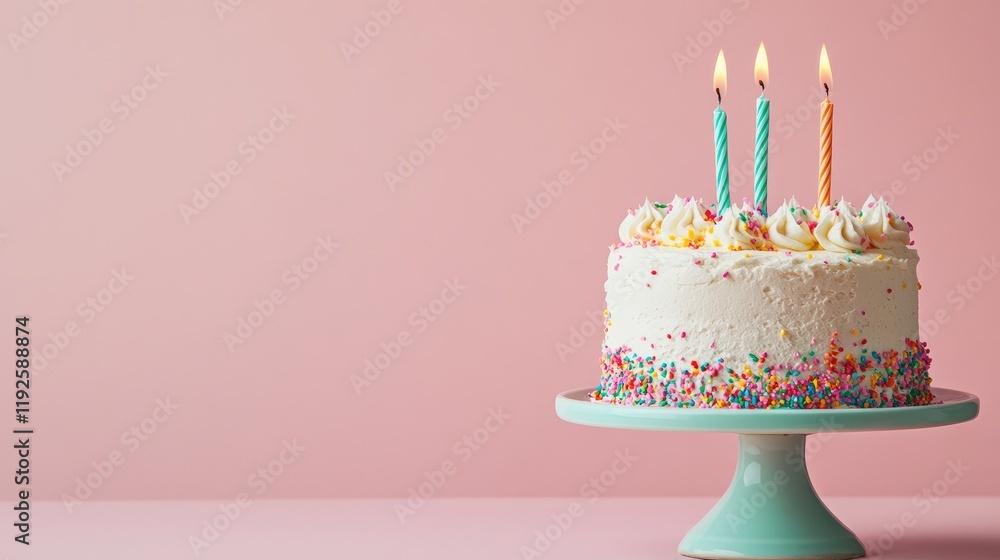 Poster colorful birthday cake with candles on pastel background and empty space for customizable text or bi
