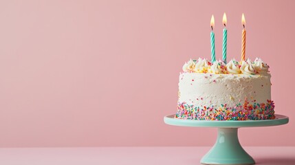 Colorful birthday cake with candles on pastel background and empty space for customizable text or birthday wishes