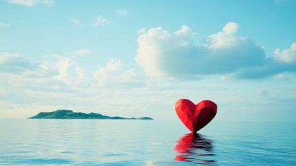 Fototapeta premium Floating red heart shape in serene ocean with tranquil island and blue sky Symbolizing love romance and connection in nature