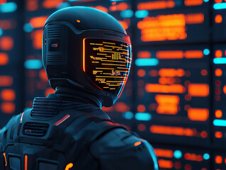 futuristic AI robot in high tech environment with glowing data panels and vibrant neon lights