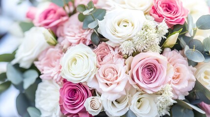 Elegant floral arrangement of soft pink and white roses with greenery creating a romantic and fresh atmosphere for celebrations