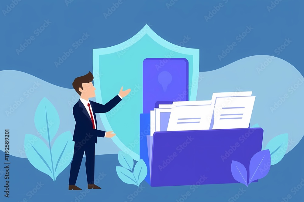 Poster data security and protection: a businessman stands confidently beside a large folder of documents sh
