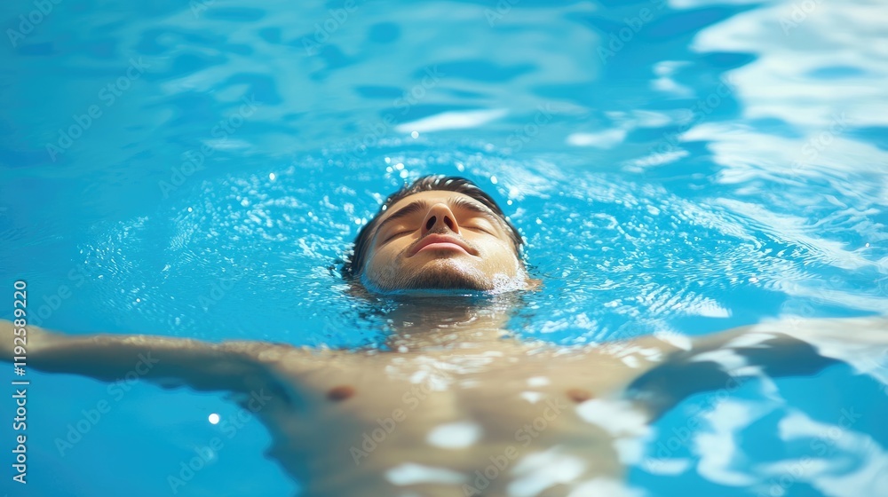 Poster relaxed man floating on back in tranquil pool water with calm expression and sunlight reflections