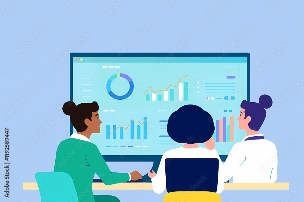 Poster data analysis team meeting: a diverse team of female professionals collaborates on a large screen di