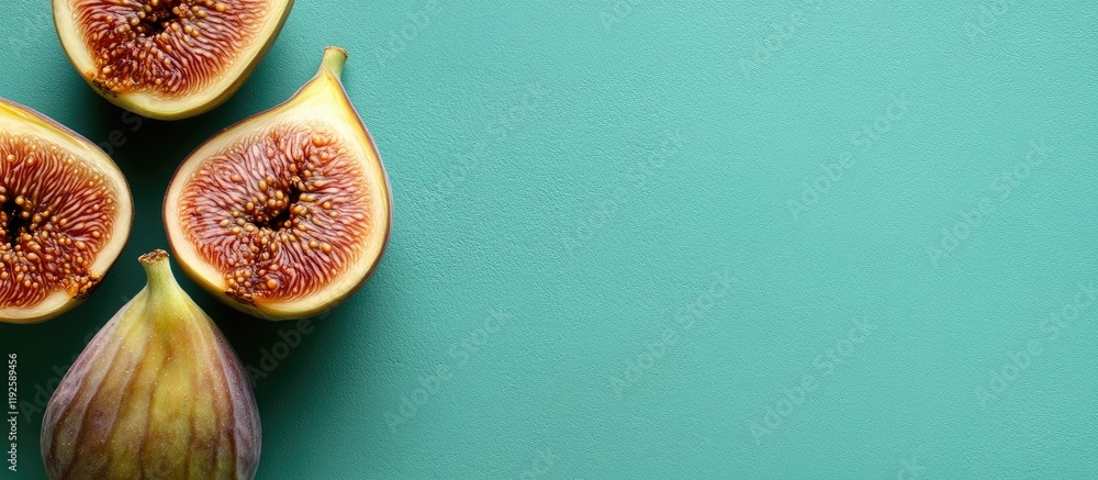 Poster dried fig halves on green background with ample space for copy and text placement