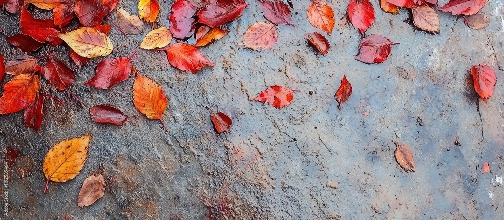 Poster autumn leaves scattered on wet pavement creating a serene seasonal atmosphere with ample space for o
