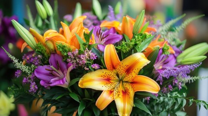 Fototapeta premium Vibrant Summer Floral Arrangement Featuring Colorful Lilies and Foliage in a Beautiful Bouquet Display