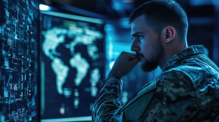 Cyber Warfare Soldier: A Focused Soldier Analyzes Global Data on Multiple Screens