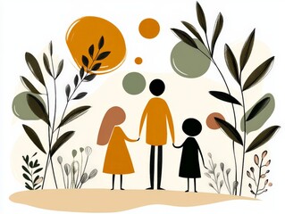 Family oriented illustration with abstract figures surrounded by foliage and warm circles, symbolizing unity, growth, and the interconnectedness of nature and human life