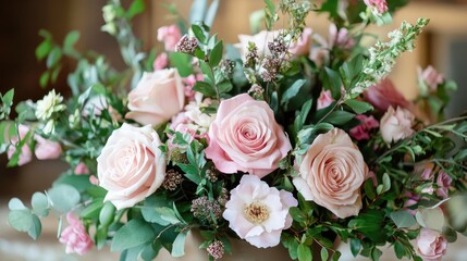 Elegant floral bouquet with soft pink roses and lush greenery showcasing beauty and freshness for special occasions.