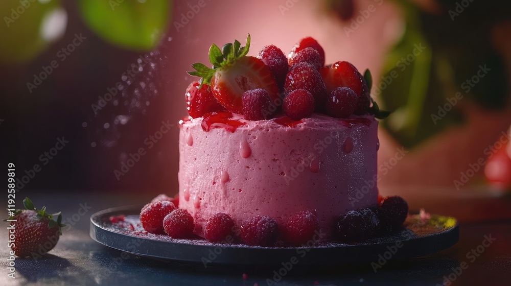 Poster Strawberry cake adorned with fresh berries and raspberry glaze in a warm, inviting setting