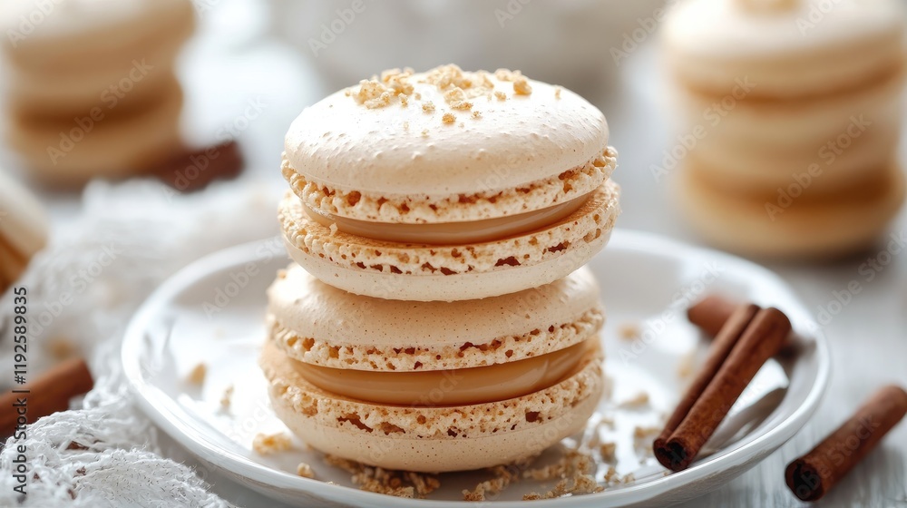 Poster vanilla and caramel macarons stacked on a plate with cinnamon sticks and a soft background for an el