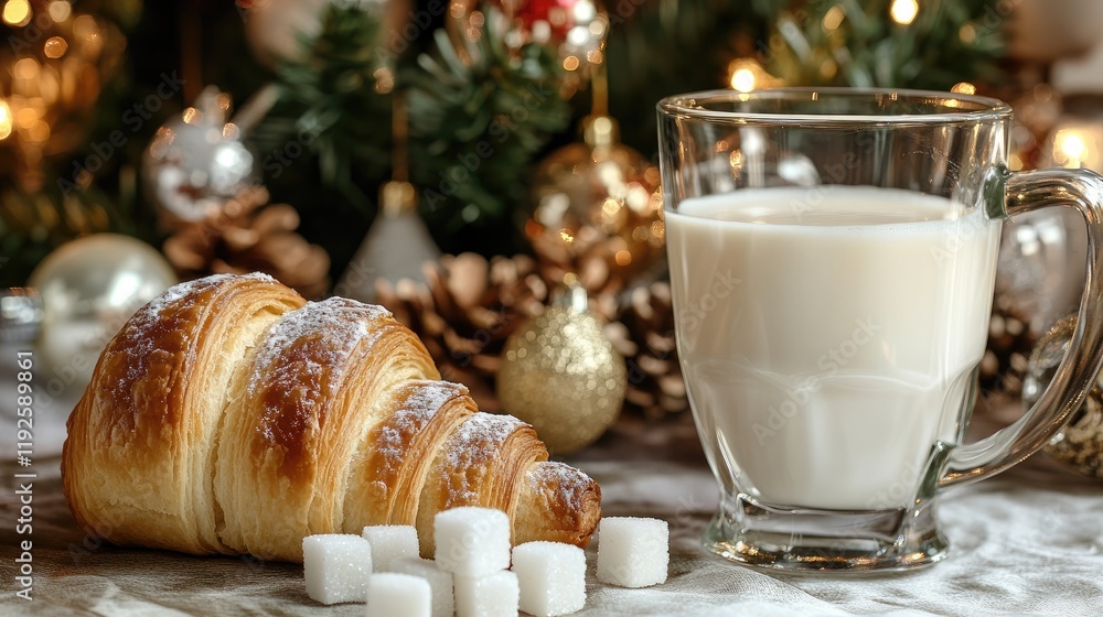 Poster croissant and sugar cubes with glass of milk on festive table decorated with christmas tree and orna