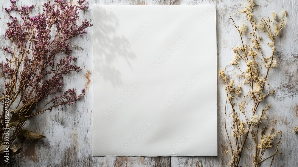 Poster cotton paper document with empty space for text surrounded by dried flowers on a rustic wooden backg