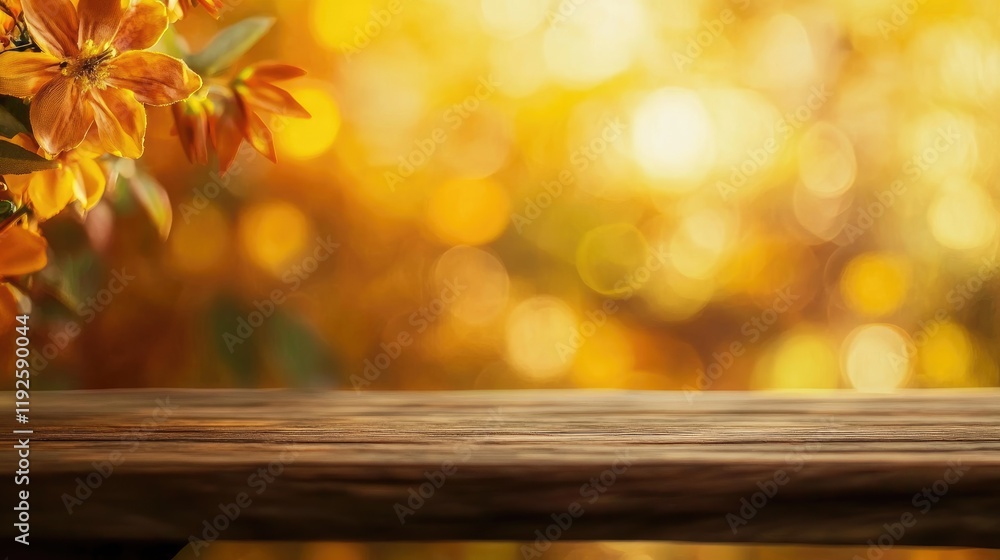 Poster rustic wooden table with soft orange and yellow bokeh background ideal for product photography and d