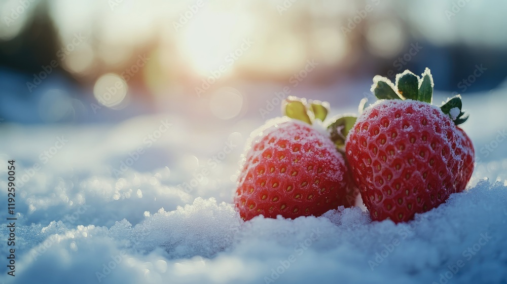 Poster fresh strawberries glistening on a snowy surface under soft sunlight creating a captivating winter s