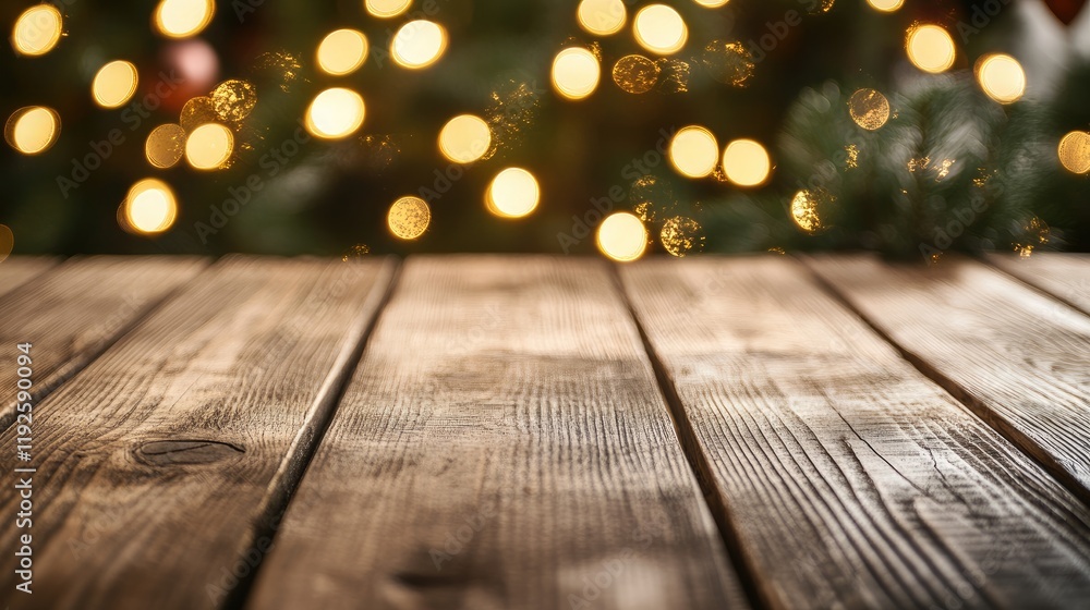 Poster empty wooden table with bokeh holiday lights creating a festive backdrop for product display or seas