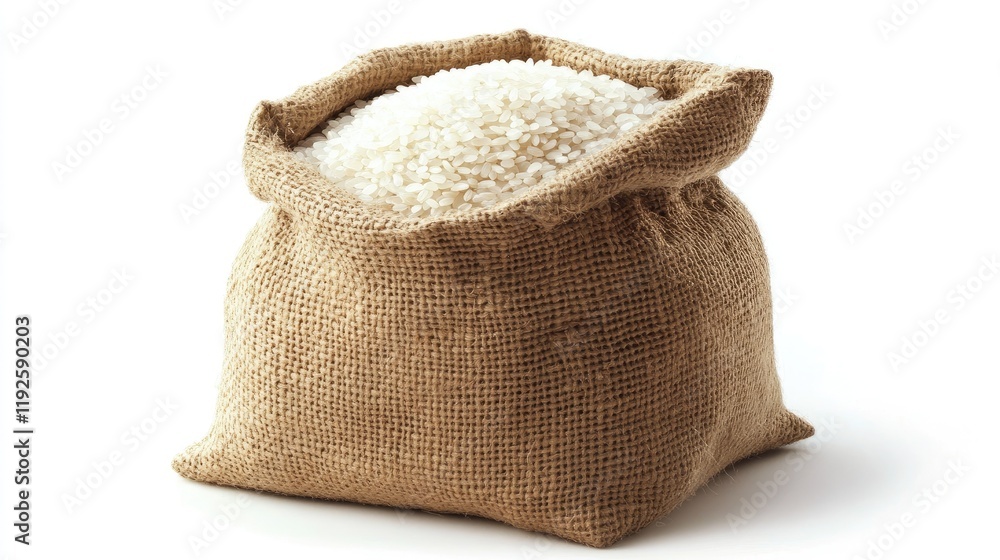 Poster hessian sack filled with uncooked white rice isolated on a clean white background for food and culin