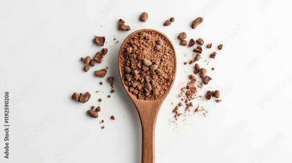 Aufkleber Cocoa powder in wooden spoon with cocoa nibs scattered on white background top view culinary flat lay image.