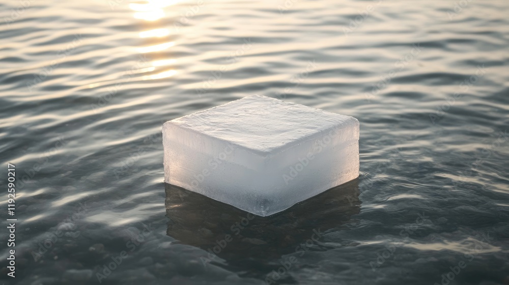 Poster melting ice block floating on tranquil water surface during sunset reflecting light and creating ser