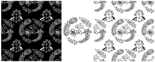 Folk ornament. Monochrome Seamless Patterns © bubushonok