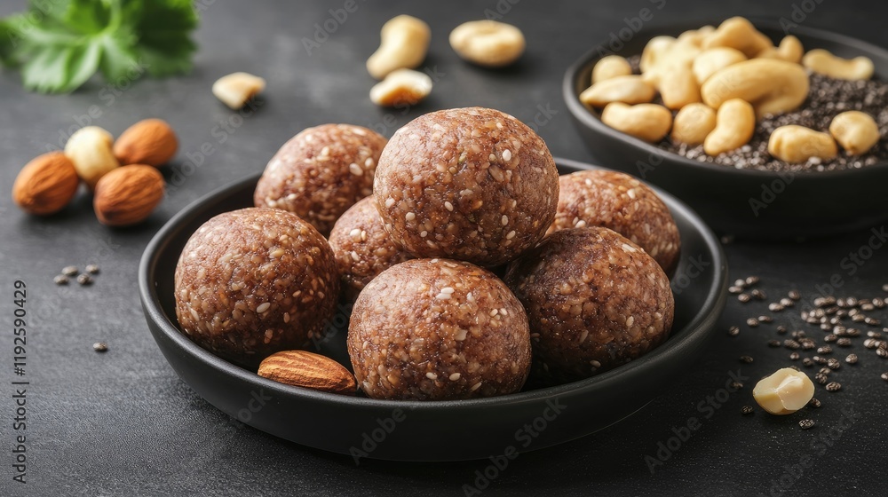 Poster cocoa energy balls with nuts and chia seeds on a dark background for healthy snack advertisement