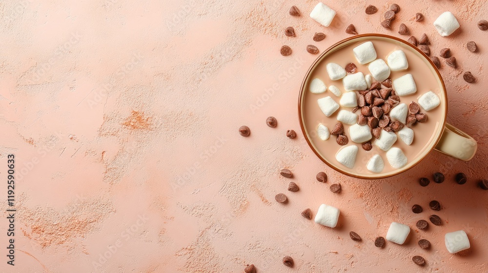 Aufkleber cocoa drink topped with marshmallows and chocolate chips in a mug on a pastel background flat lay vi