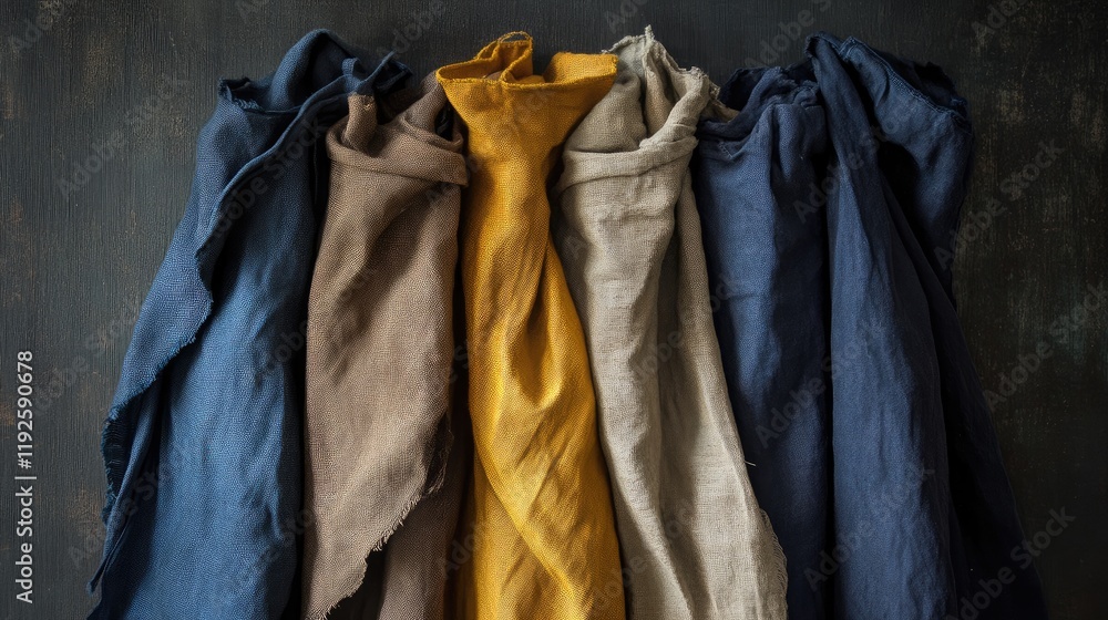 Poster multicolored vintage textiles arranged artistically on a dark background showcasing fabric texture a