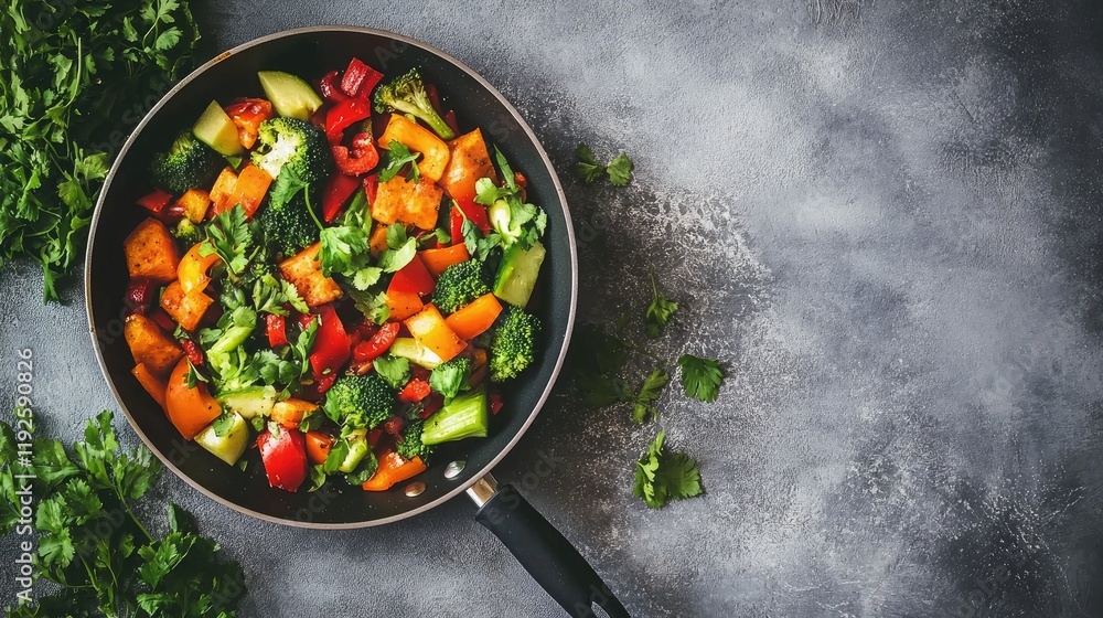 Aufkleber healthy cooking concept with vibrant sautã©ed vegetables in a pan on a rustic gray background ideal 