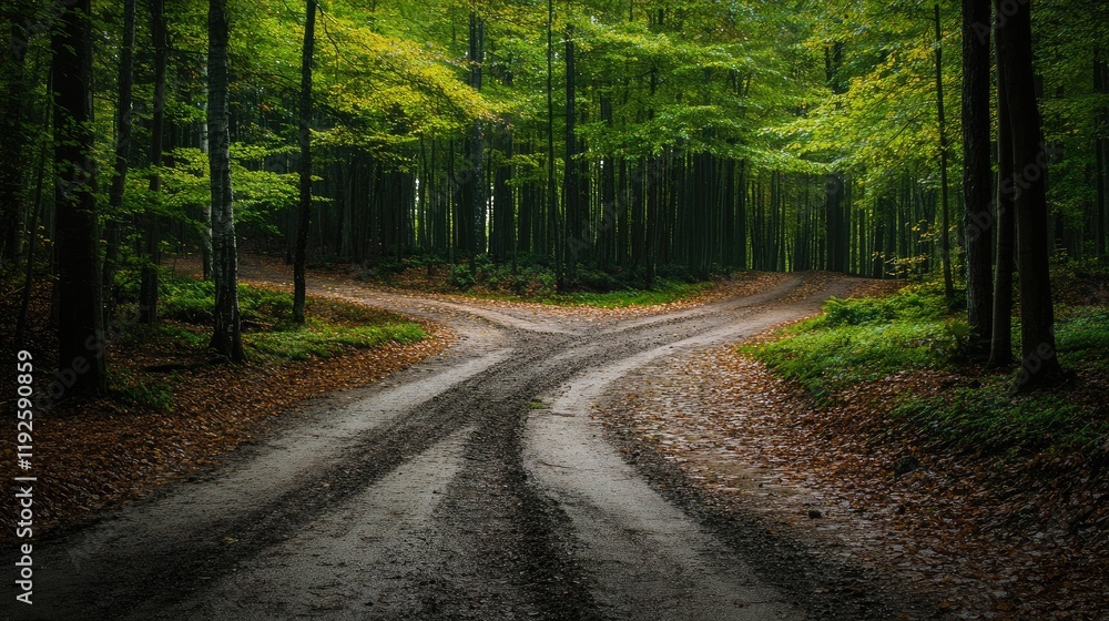 Poster crossroads in lush forest pathways with vibrant green trees and fallen leaves on ground reflecting n
