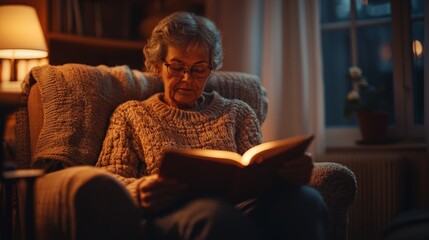 Obraz premium A joyful senior woman enjoys reading an open book while seated on a comfortable couch in a stylish living room
