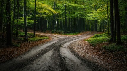 Obraz premium Crossroads in Lush Forest Pathways with Vibrant Green Trees and Fallen Leaves on Ground Reflecting Nature's Serenity and Choices