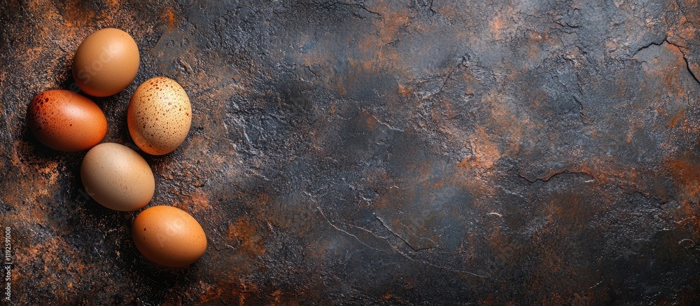 Poster fresh farm eggs on textured rustic surface with space for customizable text or branding