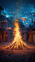 Vibrant holika dahan celebration with bonfire and festive gatherings