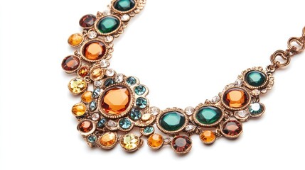 Obraz premium Elegant vintage necklace with colorful gems and intricate design on a white background
