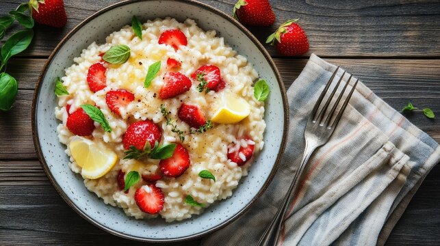 Strawberry lemon risotto garnished with fresh basil served in a rustic bowl on wooden table with silverware and a linen napkin.