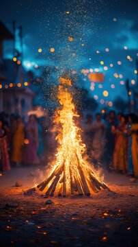 Vibrant holika dahan celebration with bonfire and festive gatherings