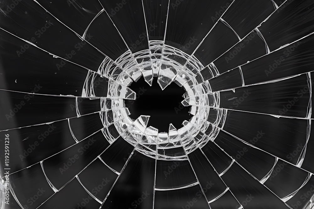 Poster black-and-white photograph of a shattered window, featuring a central void with spiderweb-like crack